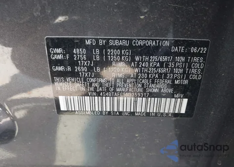 2022 Subaru Outback Premium from USA, damaged, VIN 4S4BTAFC5N3259317